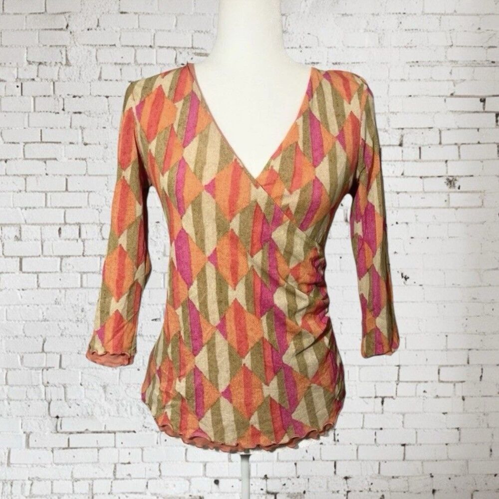 Sigrid Olsen Size Small Shirt Geometric Crossover Cinched Ruffle Hem Career